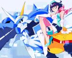  1girl arm_cannon armor bare_shoulders black_eyes black_hair blue_eyes breasts carrying crossed_legs digimon digimon_(creature) digimon_story:_time_stranger dress full_body goggles goggles_on_head green_dress green_hair large_breasts mecha omegamon profile robot short_hair shoulder_carry single_thighhigh sitting sleeveless sleeveless_dress supermondobeat thighhighs two-tone_dress upper_body weapon white_armor white_dress white_thighhighs yuuki_kanan 