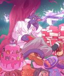  1boy ahoge animal_ears book book_stack brown_shoes cake cat_boy cat_ears cat_tail cookie cookie_tin_(object) donut dorayaki english_commentary food furry furry_male grey_pants highres holding holding_book juuichi_mikazuki kounosuke_kuri kouya_aotsuki kyouji_takahara male_focus morenatsu on_ground open_book pants popped_collar reading shin_kuroi shirt shoes shun_kodori signature sitting sol_kanonn soutarou_touno tail taiyaki tatsuki_midoriya torahiko_oshima tree under_tree unworn_shoe wagashi white_shirt 