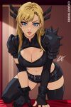  1girl alternate_breast_size armor black_gloves blonde_hair blue_eyes breasts cleavage cleavage_cutout clothing_cutout crop_top cxiartwork elbow_spikes gloves highres large_breasts long_hair looking_at_viewer magik_(x-men) marvel marvel_rivals midriff navel short_shorts shorts solo spiked_pauldrons x-men 