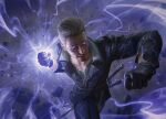  1boy billy_christian cidolfus_telamon clenched_hands debris electricity final_fantasy final_fantasy_xvi glowing glowing_eyes glowing_hand glowing_veins highres incoming_attack incoming_punch magic:_the_gathering official_art open_collar punching smile solo sword weapon 