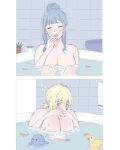  2girls bang_dream! bang_dream!_it's_mygo!!!!! bath bite_mark bite_mark_on_neck bite_mark_on_shoulder blonde_hair blue_hair blush closed_eyes hair_bun highres i_love_lesbian long_hair misumi_uika multiple_girls nude open_mouth partially_submerged petals same-sex_bathing shared_bathing short_hair sidelocks single_hair_bun spurs togawa_sakiko yuri 