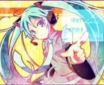  aqua_eyes aqua_hair character_name detached_sleeves hatsune_miku headset k.ei long_hair necktie pointing smile solo twintails vocaloid 