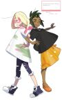  1boy 1girl absurdres black_hair black_shirt black_shoes blonde_hair closed_eyes dark-skinned_male dark_skin facepaint from_side full_body hau_(pokemon) highres hp45_301 locked_arms long_hair mina_(pokemon) open_mouth orange_shoes paint_in_hair paint_on_clothes pants pokemon pokemon_sm shirt shoes shorts torn_clothes torn_pants white_background white_shirt yellow_shorts 