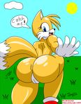  big_butt blue_eyes butt canine crossgender female fox gloves grass jmynstyx looking_at_viewer looking_back mammal miles_prower multiple_tails outside pussy sega solo sonic_(series) sun text 