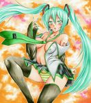  bad_id bad_pixiv_id blush breasts covered_nipples green_eyes green_hair hatsune_miku headset izumontan long_hair medium_breasts nail_polish necktie open_clothes open_shirt panties shirt skirt solo striped striped_panties thighhighs twintails underwear very_long_hair vocaloid 