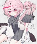  1girl absurdres black_skirt braid breasts brown_shoes full_body hand_up heart heart-shaped_pupils highres large_breasts leg_warmers multiple_views open_mouth original parted_lips pink_eyes pink_hair shoes short_hair sitting skirt smile solo symbol-shaped_pupils waka_(wk4444) wariza white_leg_warmers white_shoes 