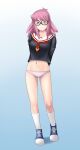  1girl absurdres arms_behind_back boku_no_hero_academia glasses haneyama_kazuho highres medium_hair panties pink_eyes pink_hair shoes socks solo striped_clothes striped_panties underwear vigilante_-boku_no_hero_academia:_illegals- white_socks yantaka 