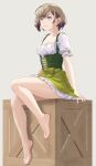  1girl absurdres barefoot blue_eyes bodice breasts brown_hair cleavage crate dirndl full_body german_clothes highres original short_hair short_sleeves sitting small_breasts toyoki underbust 