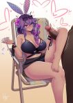  1boy 1girl absurdres animal_ears ball barefoot beachball bikini blue_bikini blue_eyes blue_ribbon blush breasts brown_background cocktail_glass cottontail_(vtuber) cum cum_in_container cum_in_cup cumdrip cup dark-skinned_male dark_skin drinking_glass fake_animal_ears flower gradient_background hair_between_eyes hair_flower hair_ornament hair_over_shoulder handjob hands_up heart heterochromia highres huge_breasts indie_virtual_youtuber knee_up kneepit_sex large_penis legs motion_lines mrmothsecret nail_polish navel penis precum precum_drip purple_eyes purple_flower purple_hair purple_nails ribbon sarong signature sitting smile solo_focus swimsuit thick_thighs thighs toenail_polish toenails white_background 