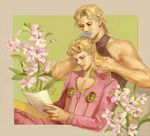  bad_id bad_pixiv_id blonde_hair blue_eyes comb combing dio_brando fabulous father_and_son flower giorno_giovanna jojo_no_kimyou_na_bouken multiple_boys realistic red_eyes yfwdec22 