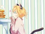  animal_ears blonde_hair blue_eyes cat_ears cat_tail food kagamine_len maclo male_focus pancake solo stack_of_pancakes tail vocaloid 