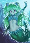  breasts bubble green_hair inu_(aerodog) jewelry long_hair mermaid monster_girl muromi-san namiuchigiwa_no_muromi-san navel necklace purple_eyes red_eyes scales seashell shell small_breasts smile solo tail twintails two_side_up underwater 