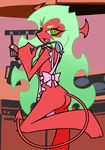  apron ass demon_girl fang green_hair ladle long_hair naked_apron neichii official_style panty_&amp;_stocking_with_garterbelt red_skin scanty_(psg) solo tail yellow_eyes 