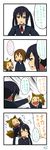  2013 3girls 4koma :o absurdres animal_ears black_hair blush_stickers brown_eyes brown_hair chibi chibi_on_head closed_eyes comic dated eighth_note hairband highres hirasawa_yui k-on! long_hair multiple_girls musical_note nakano_azusa on_head open_mouth sakuragaoka_high_school_uniform school_uniform sharp_teeth short_hair sidelocks signature simple_background smile spoken_musical_note suan_ringo tail tainaka_ritsu teeth translated twintails v-shaped_eyebrows white_background wolf_ears wolf_tail |_| 