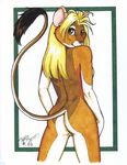  anthro back blonde_hair butt feline female hair hi_res looking_at_viewer looking_back mammal nude pinup plain_background pose pussy solo terrie_smith traditional_media 