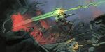  absurdres battle birdymp4 brush_stroke cannon charging_forward commentary damaged energy_beam english_commentary explosion firing fog from_side gun highres holding holding_gun holding_weapon incredibly_absurdres machinery mecha mecha_focus no_humans non-humanoid_robot one-eyed original outdoors overcast painterly projectile_trail red_eyes robot science_fiction sky under_fire walker_(robot) war weapon wide_shot wreckage 