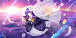  1girl black_dress blonde_hair breasts closed_mouth cloud commentary dress embellished_costume english_commentary falling_feathers feathers floating game_cg gradient_hair highres hijiri_byakuren large_breasts layered_dress lens_flare long_hair long_sleeves multicolored_hair official_art own_hands_together purple_hair rotte_(1109) see-through_clothes see-through_veil shooting_star smile solo sun third-party_source touhou touhou_lostword veil very_long_hair white_dress white_feathers white_veil yellow_eyes 