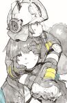  1boy 1girl animal_ear_headwear arknights boots buffalo_iinkai carrying coat doctor_(arknights) face_shield firefighter_jacket frown furrowed_brow gloves greyscale hands_on_another&#039;s_face helmet highres jacket knee_pads kneehighs long_sleeves looking_at_another looking_to_the_side looking_up male_doctor_(arknights) monochrome nervous one_eye_closed shaw_(arknights) short_hair shoulder_carry simple_background small_sweatdrop socks spot_color squirrel_girl squirrel_tail tail upper_body visor_lift wide-eyed 