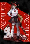  1girl 41964859 absurdres alternate_costume baldur&#039;s_gate baldur&#039;s_gate_3 beret black_shoes blank_eyes blonde_hair blood blood_on_clothes blood_on_face bow bowtie braid chainsaw character_doll character_name clothes_around_waist contemporary dungeons_&amp;_dragons facing_viewer full_body hand_on_own_hip hat highres holding holding_chainsaw intestines leg_warmers loafers long_hair low-braided_long_hair low-tied_long_hair open_mouth orin_the_red red_bow red_bowtie red_hat red_skirt shirt shoes single_braid skirt smile solo the_dark_urge_(baldur&#039;s_gate) thigh_strap two-tone_background white_shirt 