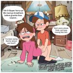  1boy 1girl antenna_hair ass brother_and_sister clothed_sex copyright_request dipper_pines exhausted gravity_falls incest kneehighs mabel_pines non-web_source sex sex_from_behind siblings socks source_request speech_bubble sweater toon_(style) twitter_username vaginal 