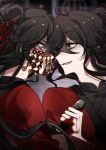  2boys absurdres ahoge bags_under_eyes black_hair black_hanfu blood blood_on_clothes blood_on_face blood_on_hands chinese_clothes chinese_commentary clenched_teeth coat coin coin_mask dao_gui_yi_xian extra_pupils eye_contact face-to-face floating_hair green_eyes hair_bun hair_ribbon half_updo hanfu highres holding holding_sword holding_weapon holed_coin hong_zhong_(illusory) li_huowang long_hair looking_at_another male_focus mask mouth_veil multiple_boys open_mouth profile red_coat red_eyes red_ribbon ribbon shaded_face single_hair_bun smile sweat sword teeth upper_body veil vincent_(xialuotalotta) weapon yandere yaoi zuo_wang_dao 