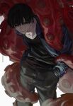  1boy black_eyes black_hair black_pants chainsaw_man ear_piercing earrings highres jewelry k00s long_sleeves looking_at_viewer male_focus mole mole_under_mouth multiple_earrings multiple_piercings octopus octopus_devil_(chainsaw_man) open_clothes pants piercing shirt short_hair sim simple_background smile solo tentacles tentacles_on_male white_background yoshida_hirofumi 