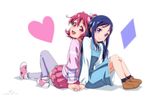  aida_mana blue_eyes blue_hair diamond_(shape) dokidoki!_precure dress flipped_hair hair_ornament hair_ribbon half_updo heart hishikawa_rikka multiple_girls nicca_(kid_nicca) open_mouth pink_hair precure ribbon shoes short_hair smile socks 