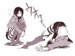  1boy 1girl belt black_eyes black_hair boots emblem eren_yeager jacket mikasa_ackerman monochrome paradis_military_uniform scarf shingeki_no_kyojin short_hair squatting thigh_strap training_corps_(emblem) trembling upside-down yamako_(state_of_children) 