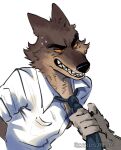  1boy absurdres animal_ears arms_behind_back artist_name blue_necktie carlosjarlos claws clothes_grab english_commentary fangs furry furry_male highres male_focus mr._wolf necktie necktie_grab neckwear_grab shirt sweat the_bad_guys_(film) twitter_username white_background white_shirt wolf_boy wolf_ears 