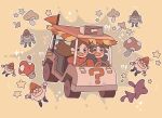  !? 1boy 1girl astrosleep baseball_cap brother_and_sister brown_eyes brown_hair dipper_pines gnome golf_cart gravity_falls hairband hat highres jewelry long_hair looking_at_viewer mabel_pines motor_vehicle mushroom open_mouth short_hair siblings steering_wheel sweater twins 