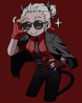  1girl absurdres adjusting_eyewear belt black_belt black_horns black_necktie black_suit black_tail breasts closed_mouth cropped_legs demon_girl demon_horns demon_tail dress_shirt english_commentary fingerless_gloves gloves hair_bun hand_on_own_hip helltaker highres horns jacket jacket_on_shoulders justice_(helltaker) leaning_forward necktie pants red_background red_gloves red_shirt shirt short_hair small_breasts smile solo sparkle suit sunglasses tail tie_clip torotoro_no white_hair 