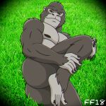 2018 5_fingers 5_toes anthro ape bent_leg big_butt black_body black_fingernails black_fur black_nails black_nipples black_toenails brown_eyes butt closed_smile colored_nails digital_media_(artwork) fabfelipe feet fingernails fingers fur gorilla grass grey_body hand_on_knee hand_on_leg hand_on_own_knee hand_on_own_leg haplorhine hi_res looking_at_viewer male mammal mouth_closed multicolored_body muscular muscular_anthro muscular_male nails nipples nude_anthro nude_male on_ground plant primate smile solo toenails toes two_tone_body