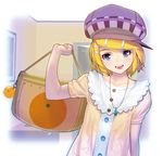  alternate_costume bag blonde_hair blue_eyes collarbone commentary food fruit hair_ornament hairclip hat jewelry kagamine_rin lifting looking_at_viewer masao necklace open_mouth orange pendant puffy_sleeves short_hair smile solo upper_body vocaloid 