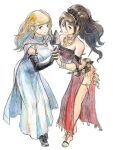  2girls black_eyes black_gloves brown_hair cape closed_mouth commentary_request dancer elbow_gloves gloves hair_between_eyes highres holding_hands long_hair mole mole_under_mouth multiple_girls octopath_traveler octopath_traveler_i ophilia_clement primrose_azelhart qqqqqli robe simple_background smile standing wavy_hair white_background white_cape white_robe 