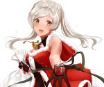  1girl :d alternate_costume asymmetrical_bangs bare_shoulders bell black_gloves blush bow box braid breasts buttons choker christmas cleavage commentary_request crown_braid dress female_robin_(fire_emblem) fire_emblem fire_emblem_awakening fur-trimmed_gloves fur_trim gift gift_bag gift_box gloves green_choker highres holding holding_gift hood hood_down long_hair looking_at_viewer medium_breasts medium_hair niko_(aiai03012) open_mouth outstretched_hand palms parted_bangs reaching reaching_towards_viewer ribbon ribbon_choker robe sack santa_costume simple_background sleeveless smile solo sparkle star_(symbol) swept_bangs teeth twintails upper_teeth_only waist_bow white_background white_hair yellow_eyes 