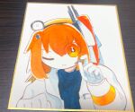  1girl a.i._voice adachi_rei black_shirt hand_up holding jacket magto0611 medium_hair one_eye_closed one_side_up open_clothes open_jacket orange_eyes orange_hair screw shikishi shirt simple_background solo traditional_media upper_body utau white_jacket 