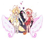  1boy 2girls :> angel angel_wings armored_boots blonde_hair boots chis74 colored_skin cookie_run eternal_sugar_cookie feathered_wings green_eyes highres holding_hands leotard long_hair multiple_girls pavlova_cookie red_eyes red_hair sugarfly_cookie very_long_hair wings yellow_leotard yellow_skin 