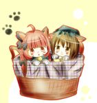  :&lt; :3 ahoge animal_ears basket bell black_bow blush_stickers bow braid brown_eyes brown_hair cat_ears cat_feet chen chibi hair_bow hat in_basket kaenbyou_rin looking_at_viewer mob_cap multiple_girls nelly_(sunhigh70) outline paw_pose paw_print red_eyes red_hair short_hair touhou twin_braids yellow_background 