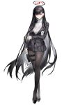  1girl absurdres black_hair black_halo black_pantyhose black_suit blue_archive bright_pupils full_body hair_ornament hairclip hairpin halo highres holding holding_tablet_pc holster long_hair multicolored_halo pantyhose red_eyes ringed_eyes rio_(blue_archive) solo suit sweater tablet_pc thigh_holster turtleneck turtleneck_sweater two-tone_halo white_background white_pupils white_sweater xiangchizhubijin 