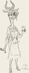 2024 antelope anthro barista bovid clothed clothing cloven_hooves dated digital_drawing_(artwork) digital_media_(artwork) female full-length_portrait greyscale hi_res hooves humanoid_hands magnificent-arsehole mammal monochrome portrait sketch solo standing unguligrade