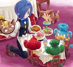  ^_^ annotation_request apron bib blue_eyes blue_hair bow bowl bowtie chair closed_eyes corn corn_(pokemon) dual_wielding eating food fork gen_1_pokemon gen_2_pokemon gen_5_pokemon hair_over_one_eye happy holding hoppip ice ice_cream indoors kneeling knife lillipup napkin open_mouth panpour pansage pansear parted_lips plate pokemoa pokemon pokemon_(creature) pokemon_(game) pokemon_bw slowpoke smile stunfisk table tablecloth waiter 