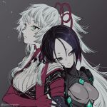  2girls black_eyes black_hair breasts colored_inner_hair commentary_request empty_eyes fate/grand_order fate_(series) green_eyes head_on_another's_shoulder height_difference long_hair medium_breasts misuke_(gyouran) multicolored_hair multiple_girls pink_hair ponytail short_eyebrows short_hair small_breasts twitter_username two-tone_hair ushi_gozen_(avenger)_(fate) ushi_gozen_(fate) very_long_hair white_hair yui_shousetsu_(fate) yui_shousetsu_(third_ascension)_(fate) 