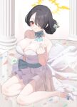  1girl absurdres alternate_costume alternate_hairstyle arm_support bare_shoulders black_hair blue_archive blue_bow blush bow breasts cleavage collarbone commentary_request dress fingernails flower full_body hair_bun hair_flower hair_intakes hair_ornament hair_over_one_eye halo high_heels highres hinata_(blue_archive) korean_commentary kurochomo large_breasts looking_at_viewer mixed-language_commentary off-shoulder_dress off_shoulder pillar red_eyes shoes sitting smile white_dress white_shoes yellow_halo yokozuwari 