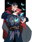  1boy belt black_background black_hair blue_butterfly blue_eyes blue_shirt border brown_belt bug butterfly butterfly_wings cloak closed_mouth cowboy_shot doctor_strange facial_hair fingernails grey_cloak hands_up highres insect_wings jewelry karmaho long_sleeves male_focus marvel marvel_cinematic_universe multicolored_hair necklace outside_border red_cloak shirt short_hair simple_background solo standing streaked_hair two-sided_cloak two-sided_fabric white_border white_hair wings 