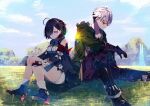  1boy 1girl atelier_(series) atelier_yumia bare_shoulders black_coat black_hair breasts brown_pants coat green_coat grey_hair high_heels highres large_breasts multicolored_hair off_shoulder on_grass pants purple_eyes rgbjt rutger_arendt shirt short_hair shorts sitting sunglasses sunrise two-tone_hair white_shirt white_shorts yellow_eyes yumia_liessfeldt 