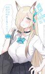  1girl absurdres alt_text alternate_costume animal_ear_fluff animal_ears artist_name asuna_(blue_archive) asuna_(blue_archive)_(cosplay) asuna_(school_uniform)_(blue_archive) bag black_choker black_skirt blonde_hair blue_archive blue_bow blue_bowtie blue_eyes blue_halo blue_ribbon blue_scrunchie blush bow bowtie breasts button_gap choker collarbone collared_shirt commentary_request cosplay dog_ears dog_girl dress_shirt extra_ears frown grey_bag gyaru hair_over_one_eye hair_ribbon halo hand_on_own_hip hand_up highres holding_strap kanna_(blue_archive) kogal large_breasts long_hair notched_ear one_eye_covered parted_lips partial_commentary pleated_skirt rate_world_mk1 ribbon school_bag school_uniform scrunchie shirt shirt_tucked_in shoulder_bag simple_background skirt sleeves_rolled_up solo speech_bubble straight_hair thought_bubble three-quarter_sleeves translation_request twitter_username unamused v-shaped_eyebrows white_background white_shirt wing_collar wrist_scrunchie 