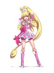  :d aida_mana bike_shorts blonde_hair boots bow choker cure_heart curly_hair dokidoki!_precure full_body half_updo heart heart_hands highres knee_boots long_hair magical_girl nanaku_teiru open_mouth pink_bow pink_eyes pink_footwear pink_sleeves ponytail precure shorts shorts_under_skirt simple_background skirt smile solo white_background 