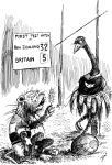 1908 20th_century absurd_res ancient_art anthro avian ball bandage bandaged_head biped bird black_and_white britain british_lion duo felid goal hi_res holding_feather john_blomfield label lion mammal moa_(bird) monochrome new_zealand outside pantherine ratite recently_extinct_species rugby rugby_ball rugby_shirt rugby_uniform scoreboard signature sitting standing wounded