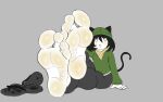 absurd_res anthro big_feet blush bottomwear cat_tail clothing dottfeet feet felid feline female flip_flops foot_fetish footprint footprint_in_shoe footwear glistening glistening_feet green_cap green_clothing green_sweater green_topwear grey_bottomwear grey_clothing grey_pants hi_res mammal pants sandals shoes solo surprised_expression sweater topwear white_body white_skin