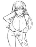  bent_over breasts cleavage downblouse greyscale hand_on_hip hand_on_own_knee huge_breasts jewelry joy_(shenmue) long_hair looking_at_viewer matsu-sensei monochrome necklace polka_dot shenmue shenmue_ii smile solo 